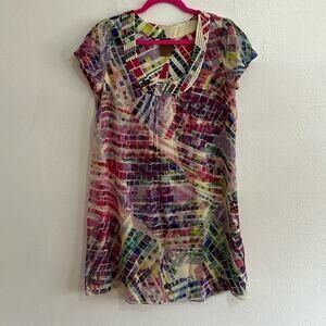 Ali Ro Y2K Artsy Mosaic Print Silk Puffed Sleeve Pull Over U Neck Dress Size 4